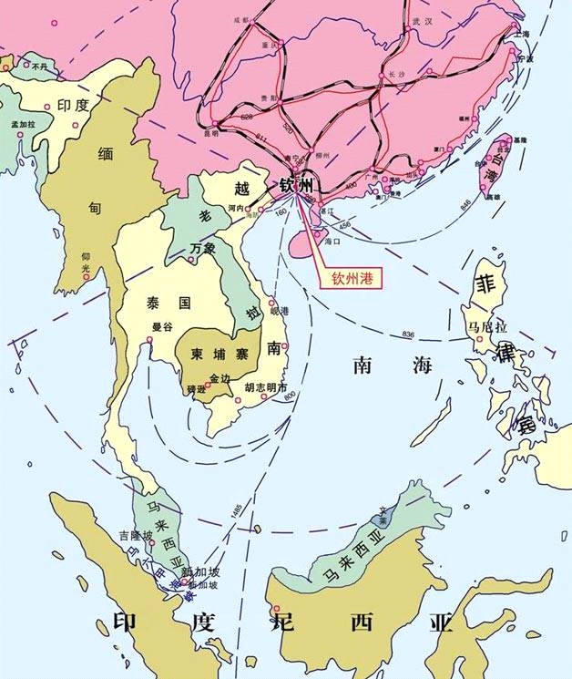 钦州港面向东南亚的航线示意图